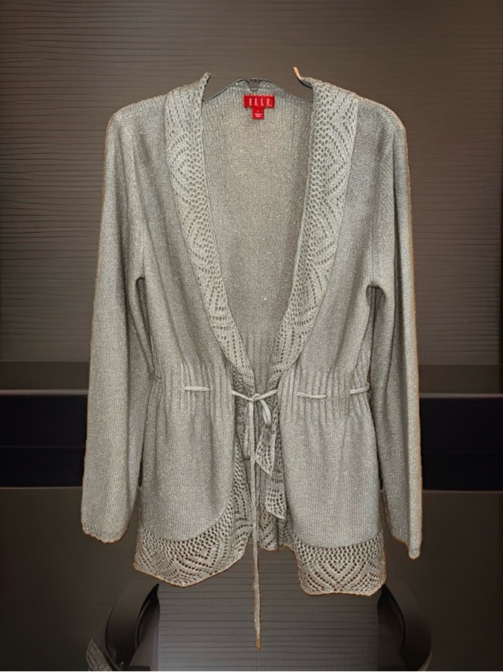 ELLE Silver Open-Front Knit Cardigan with Drawstring Waist w/Crochet Detail-L-EC